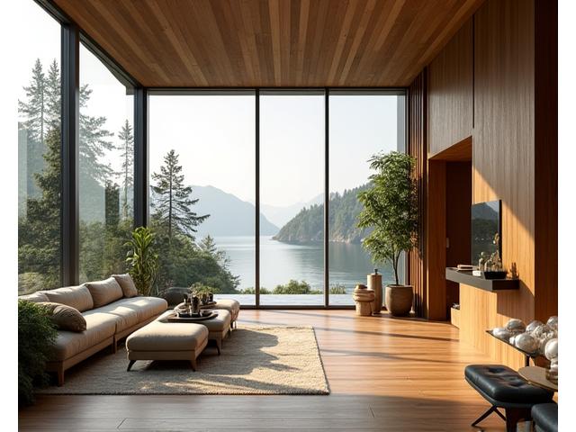 Luksuriøs villa på Bygdøy med store vinduer, naturbelyst interiør og bærekraftige materialer.