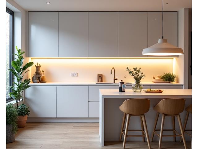 Moderne kjøkken med funksjonell overbelysning og varm stemningsbelysning