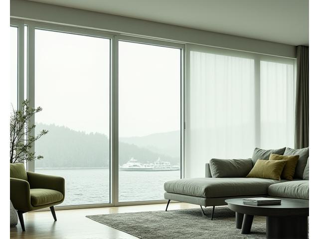 Moderne panelgardiner i en stor stue med panoramavinduer