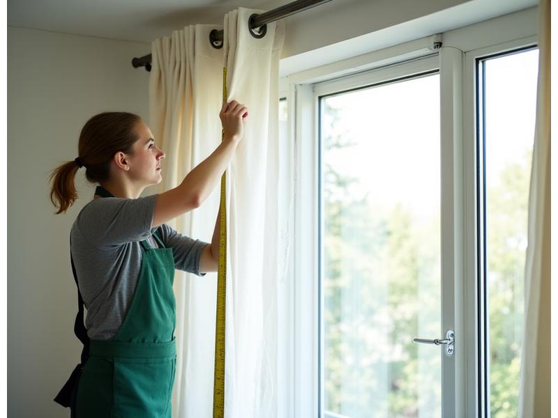 Interiørdesigner som nøyaktig måler et vindu med meterbånd, fokuserer på detaljer