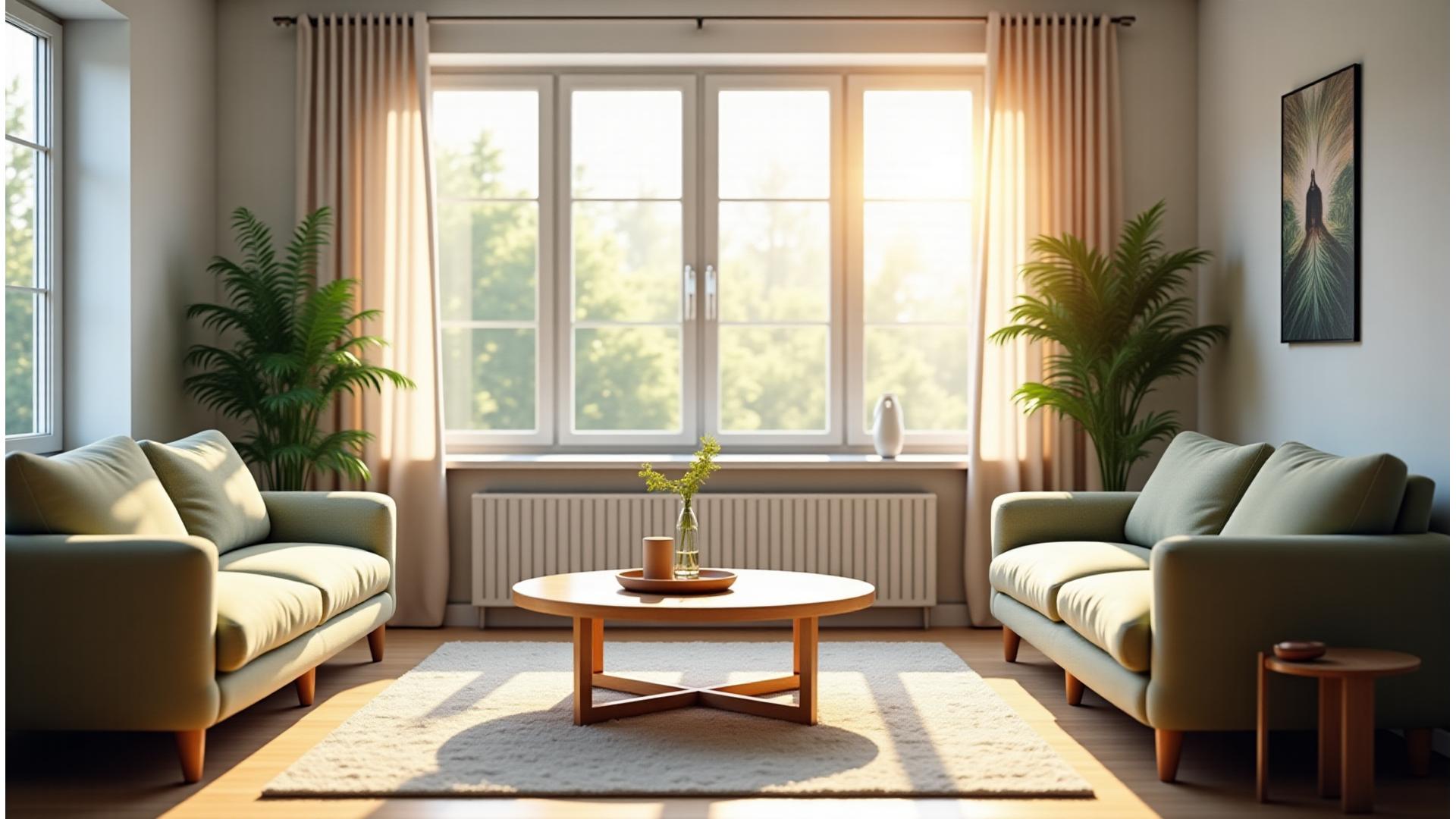 Stilfullt, minimalistisk skandinavisk stue med naturlig lys, lyse tremøbler og grønne planter. En inviterende sofa med tekstiler i varme, dempede grønntoner. Dette illustrerer moderne norsk interiørdesign.