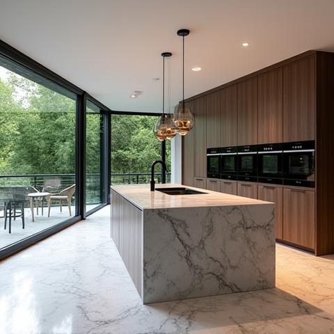 Et luksuriøst, åpent kjøkken i en Bygdøy-villa, med en stor kjøkkenøy i marmor, integrerte hvitevarer, og store vinduer som åpner opp mot en frodig hage. Elegante, nordiske designelementer.