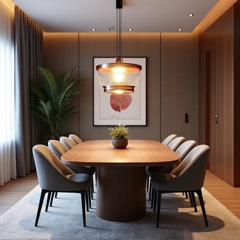 Stilig Frogner spisestue med en stor, ovaltrebord, komfortable designstoler, og et minimalistisk pendel over bordet. Kunst på veggen og en rolig fargepalett i grått, beige og tretoner.