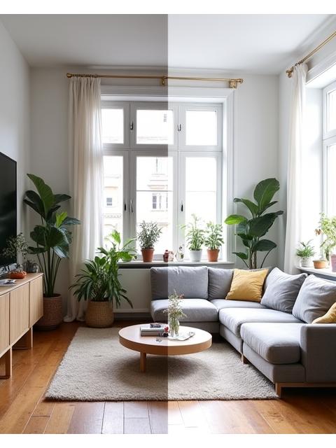 Før/etter bilde av en moderne stue i Grünerløkka, Oslo, med en transformasjon fra rotete til minimalistisk skandinavisk design med lyse farger og en funksjonell romløsning.