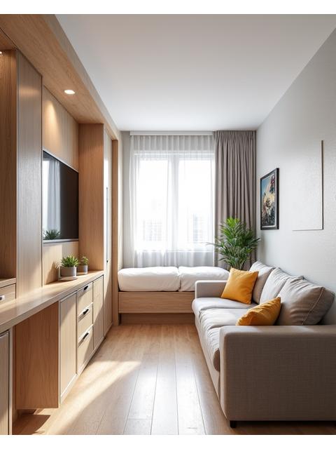 Kompakt, men intelligent utformet stue i en Majorstuen-leilighet, med multifunksjonelle møbler, smart oppbevaring, og en luftig følelse tross liten plass. Lyse farger og tre.