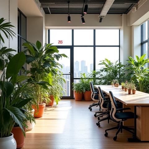 Et bærekraftig kontorlandskap i Oslo sentrum med naturlige materialer som tre og ull, grønne planter, og ergonomiske, minimalistiske møbler. Godt naturlig lys og en rolig atmosfære.