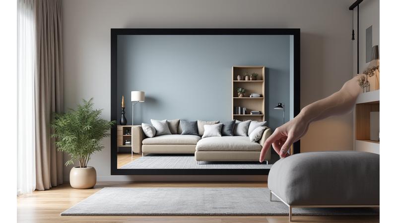 En realistisk 3D-rendering av en moderne skandinavisk stue med grå vegger, en beige sofa og en lys eikehylle, som viser en del av designprosessen.