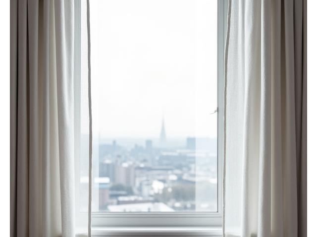 Store vinduer kledd med elegant, luftig linstoff i en lys gråtone som filtrerer naturlig lys og skaper en myk atmosfære i et moderne rom.