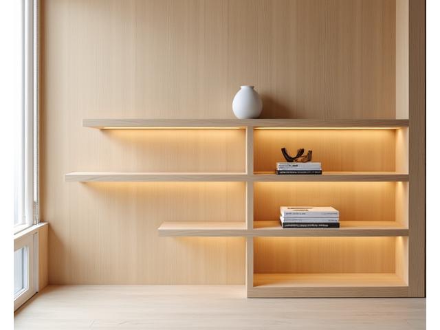 Moderne skreddersydd hylle i lys eik med integrert belysning, fylt med minimalistisk dekor i et skandinavisk hjem.