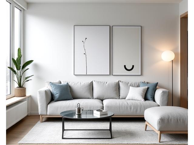 En elegant stylet leilighet til salgs i Oslo, med fokus på en lys og moderne stue. Minimalistisk møblering og strategisk plasserte kunstverk som appellerer til potensielle kjøpere.