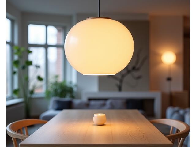 Et elegant, nordisk inspirert spiseområde med en stor, sirkulær pendellampe over et lyst spisebord, skaper en varm og innbydende atmosfære.