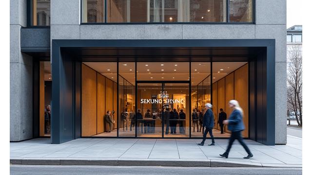 Elegant fasade av Sekund Styling-studioet i Dronningens gate, Oslo, med et innbydende inngangsparti som reflekterer skandinavisk design.