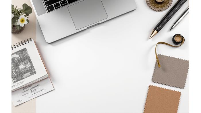 Oversikt over et elegant skrivebord med prosjektplaner, fargeprøver og interiørtegninger, symboliserer detaljert prosjektplanlegging.