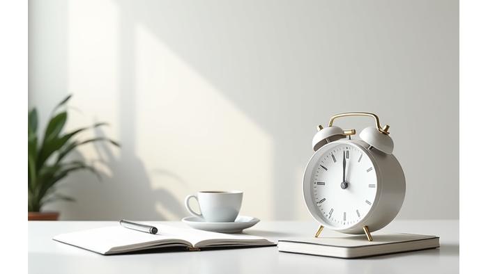 Elegant møterom med klokke og notatbok, symboliserer effektivitet og tidsforpliktelse hos Sekund Styling.