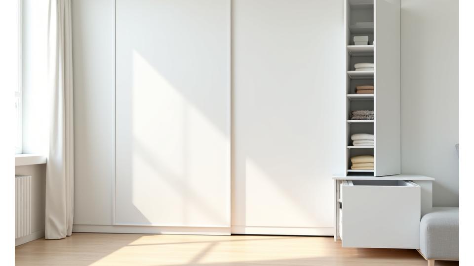 Et ryddig, minimalistisk rom med skjulte oppbevaringsløsninger integrert i veggpanelene. Diskré design med fokus på funksjonalitet.