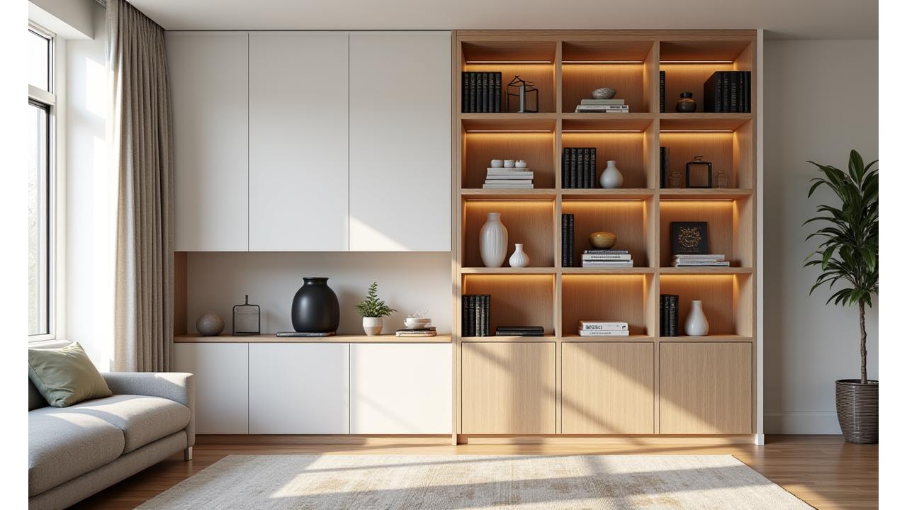 En moderne, skreddersydd hylle i et lyst, skandinavisk interiør, med integrert belysning og personlige gjenstander, som viser før- og etter-effekten av tilpasset design.