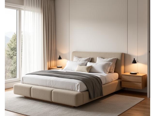 Et minimalistisk soverom med en spesialdesignet seng med integrert oppbevaring og en teksturert, myk hodegavl.