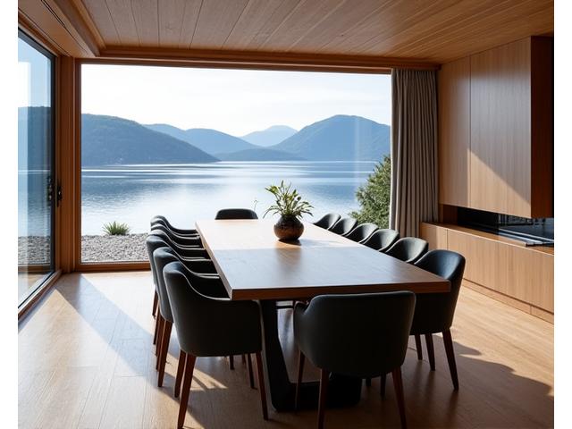 Et imponerende, massivt eikebord designet for tolv personer i et stort spisestue i et Bygdøy-familiehjem, med utsikt mot sjøen.