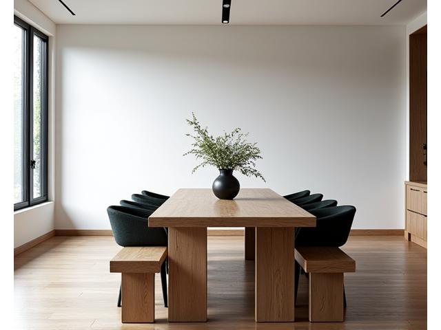 Et stort, massivt eik spisebord med tilhørende benk i et romslig spisestue, med moderne stoler og naturlig lys.