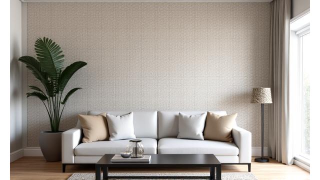 Moderne stue med en vegg dekket av en tapet med et minimalistisk geometrisk mønster i grå- og beigetoner