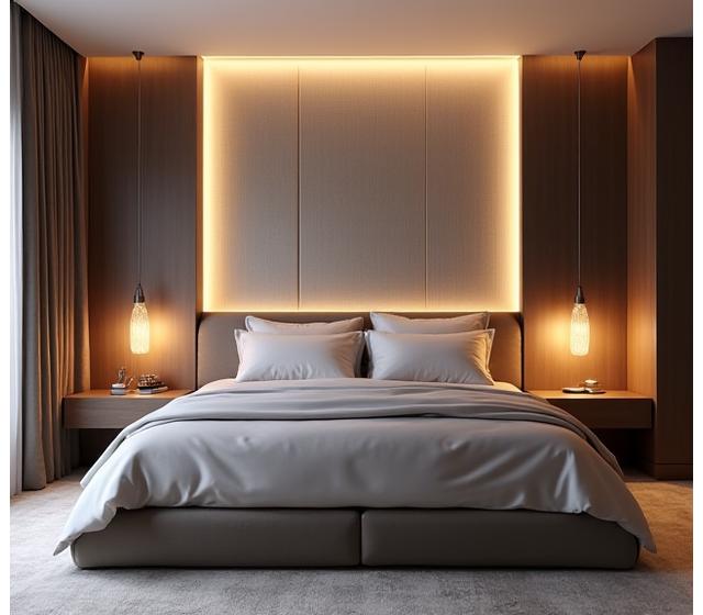 Luksuriøst soverom med tekstiltapet i dempede farger og diskret, integrert LED-bakbelysning