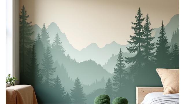 Skreddersydd tapet med et abstrakt mønster inspirert av norsk natur, designet for et moderne soverom