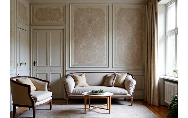 Renovert Frogner-villa med vintage-inspirert tapet som gir en tidløs og sofistikert atmosfære