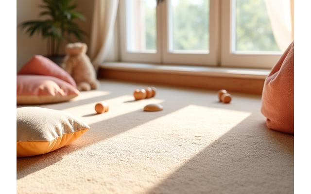 Et lekent, mykt og allergivennlig teppe på et barnerom med fargerike puter og leker.