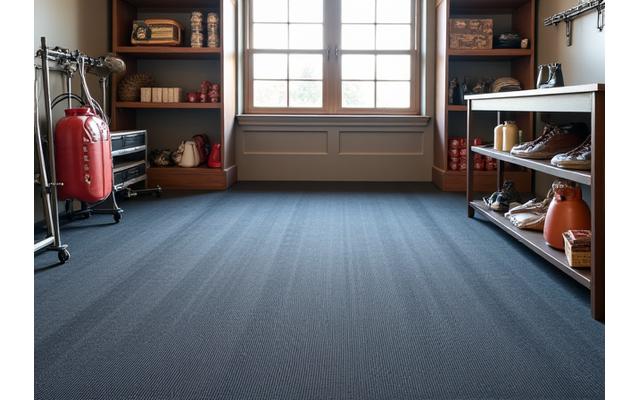 Et fuktbestandig teppe med et robust, mørkt vevd mønster i en ren kjeller med hobbyutstyr.