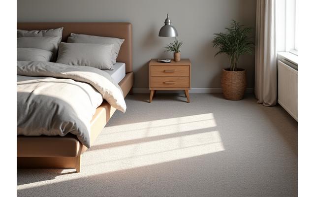 Et mykt, lysegrått teppe i et soverom med elegant skandinavisk innredning og store vinduer.