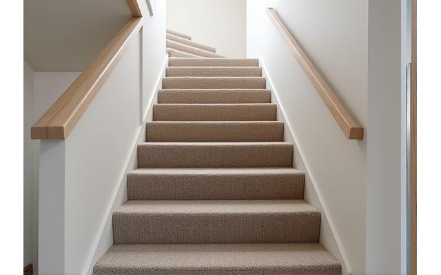 Et slitesterkt trappeteppe med diskret mønster, trygt installert og med anti-skli teknologi.