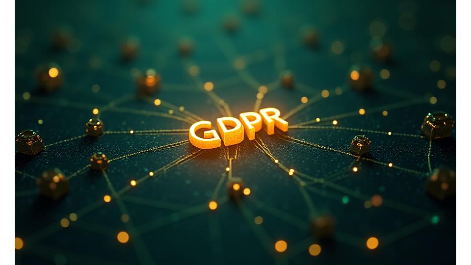 En digital representasjon av dataflyt over et sikre nettverk, med 'GDPR' og låsesymboler.