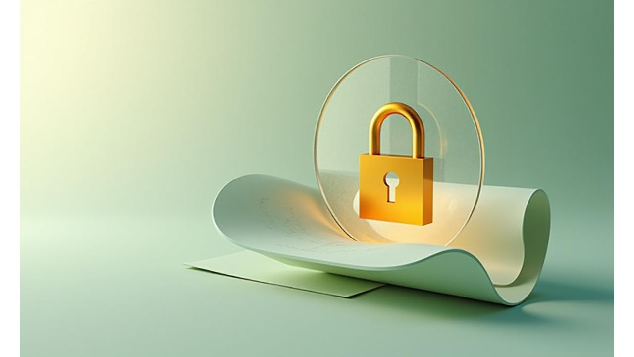 En stilisert illustrasjon av en lås på et dokument, symboliserende sikkerhet og personvern.